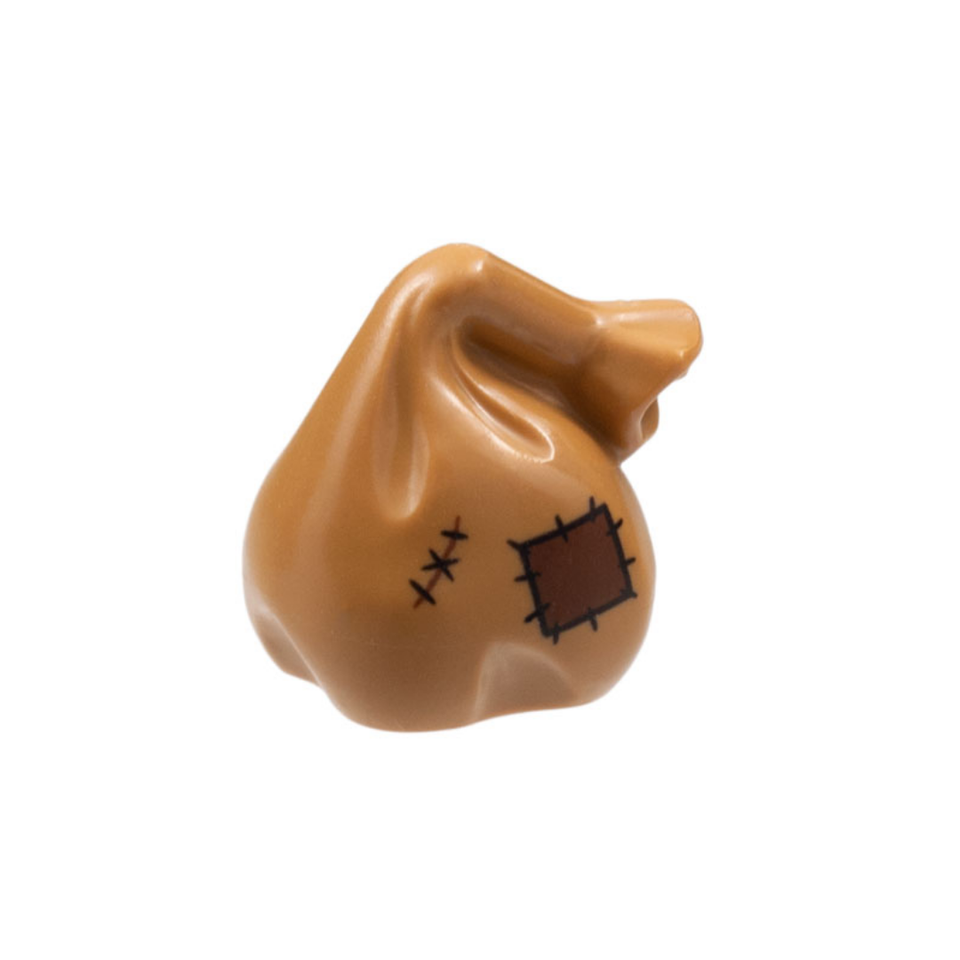 Brown LEGO sack minifigure accessory with patch